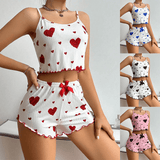 Ribbed Heart-Print Cami & Shorts Sleep Set - Casual Knitted Loungewear