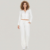 New Winter Color Blocking Casual Two Piece Women's Set Eco-Friendly Velvet Short Hooded Zip Hoodie Fur Collar Flared Drawstring