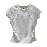 Women Round Neck Lace Cap Sleeve T Shirt Side Ruched Slim Fit Solid Color Casual Blouse