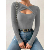 Women Twisted Cross Front Cut Out Ribbed Knit Top Long Sleeve Hollow Slim Fit Solid Multi Color Stretch Casual Knitted Blouse
