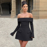 Women Off Shoulder Blazer Dress Long Sleeve Pocket Detail Elegant Office Mini Dress