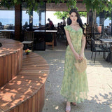 Summer Women Green Floral Print Ruffle Cap Sleeve Maxi Dress V Neck Front Tie Slim Fit Mermaid Hem Long Dress