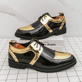 Men Patent Leather Wingtip Brogue Dress Shoes Gold Metallic Accent Lace up Formal Evening Event Comfort Fit Insole