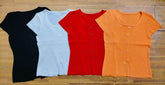Women Square Neck Ribbed Knit T Shirt Front Button Split Hem Short Sleeve Slim Fit Casual Basic Tee