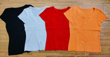 Women Square Neck Ribbed Knit T Shirt Front Button Split Hem Short Sleeve Slim Fit Casual Basic Tee