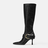 Botas Women's Pointed Toe Knee High Boots Stiletto Heel Buckle Strap Leather Dress Boots