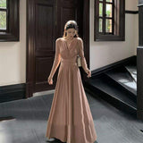 Women V Neck Wrap Maxi Dress Long Sleeve Ruched Waist High Waist Flowy Big Swing Floor Length Elegant Casual Long Dress