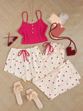 Sexy Floral Pajama Set for Women, Summer Suspender Short-long Pants, Cute Ladies' Homewear Three-piece Set