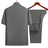 Men's Short Sleeve Shirt + Long Pants Suits Summer Clothes Lapel Button Solid Color 2 Piece Set Breathable Men's Casual Suits