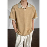 Men Contrast Cuff Lapel Textured Short Sleeve Polo Shirt Loose Vintage Neutral Tone Casual Summer Top