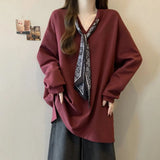 4xl Large Size Design Sense Lace - up V - neck Long - sleeved T-shirt Women's Spring and Autumn New Loose Slim Outer Wear Base Shirt - Zeprah