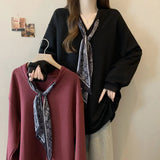 4xl Large Size Design Sense Lace - up V - neck Long - sleeved T-shirt Women's Spring and Autumn New Loose Slim Outer Wear Base Shirt - Zeprah