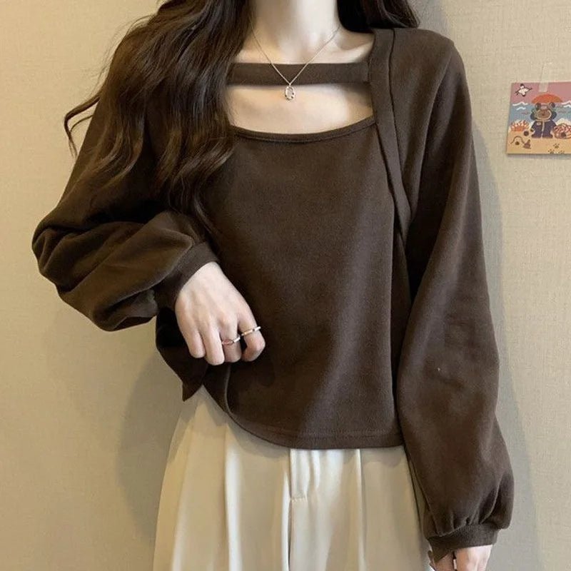 4xl Large Size Long - sleeved T-shirt Women's Spring and Autumn Design Hollow Square Collar Inner Top Base Shirt - Zeprah