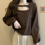 4xl Large Size Long - sleeved T-shirt Women's Spring and Autumn Design Hollow Square Collar Inner Top Base Shirt - Zeprah