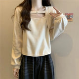 4xl Large Size Long - sleeved T-shirt Women's Spring and Autumn Design Hollow Square Collar Inner Top Base Shirt - Zeprah