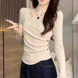 4xl Women's Trendy Long Sleeve T-Shirt Slim Fit Waist Spring Autumn Winter Anti - Pilling Fashionable Plain Dyed Knitted Top - Zeprah