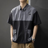 Men Color Block Cargo Pocket Polo Shirt Half Zip Collar Short Sleeve Loose Casual Workwear T Shirt
