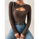 Women Twisted Cross Front Cut Out Ribbed Knit Top Long Sleeve Hollow Slim Fit Solid Multi Color Stretch Casual Knitted Blouse