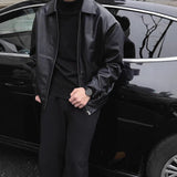 Men Black Lapel Faux Leather Jacket Loose Oversized Zip up Casual Motorcycle Coat Daily Streetwear Outerwear