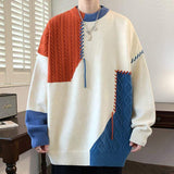 Fashion Streetwear Men Patchwork Cable Knit Pullover, Color Block Loose Warm Autumn Winter Sweater