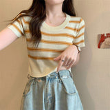 Knitted Graphic Tee Slim-fit Tops for Women Colorful Short Sleeve Top