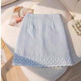 Women High Waist Lace Hem Mini Skirt Solid Color Textured a Line Short Skirt Casual Sweet Girls Mini Skirts With Lace Trim
