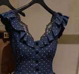 Women French Polka Dot Tank Top V-Neck Lace Ruffle Sleeveless Top Slim Blue Inner Shirt for Summer