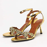 Metal Decoration Gold Silver Studs Elegant Party Summer Open Toe Heeled Sandals for Club Evening