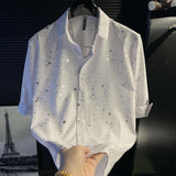 Men Glitter Star Print Short Sleeve Shirt Shiny Silver Sequin Button Down Shirt Night Club Party Casual Shirts for Men
