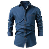 Men's American Style Denim Shirt Cotton Wrinkle Resistant Solid Color Long Sleeve Casual Jacket Trendy Outerwear for Men