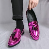 Mens Luxury Shiny Pink Patent Leather Tassel Loafers Metallic Magenta Slip on Dress Shoes for Wedding Prom Party Stage Look