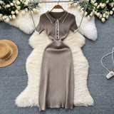 Women's Knit Ribbed Midi Dress, Elegant Short Sleeve Bodycon Sweater Dress with Button Detail for Office & Casual Wear