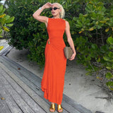 Metal Bar Decor Ruched Maxi Dress Women Solid Orange Bodycon Side Slit Elegant Cocktail Evening Party Gown