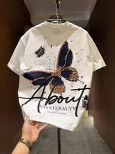 Summer Men's White 230g Cotton T-shirt Butterfly Print with Colorful Beads Oversized Streetwear Tee