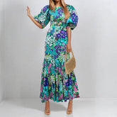 Round Neck Puff Sleeve Multicolor Floral Print Mermaid Maxi Dress Women Vintage Summer Resort Long Sundress