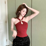 Women Built-in Padded Metal Ring Halter Tank Top Front Keyhole Cutout Side Ruched Slim Fit Cropped Sleeveless Camisole Vest