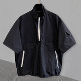 Men Half Zip Stand Collar Drawstring Hem Cargo Pocket Short Sleeve Pullover Top