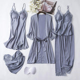 Women's Summer Satin Silk-Like 5-Piece Loungewear Set - Sexy Camisole Nightgown with Built-in Bra Pads & Robe