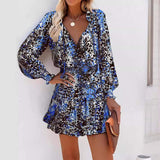 Women Long Sleeve Floral Dress V Neck Ruffle Tiered Elastic Waist Boho Mini Dress