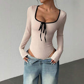 Hot-selling Gentle square Collar Fashion Jumpsuit Bow Long Sleeve Women's Jumpsuit