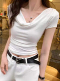 Slim-fit Women's Clothing Straight Shoulder Tops for Women Solid Short-Sleeved Tee