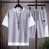 Men Faux Two Layer Casual Sports Tracksuit Fashion Patchwork Short Sleeve T Shirt Shorts Matching Outfit Set