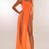 New European & American Style Sexy : Sheer Mesh See-Through High Slit Maxi Dress