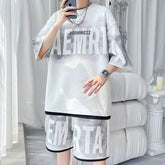 Unisex Japanese Minimalist Two-Piece Outfit, Casual 3/4 Sleeve Tee & Knee Length Shorts, Summer Versatile Matching Set for Youth
