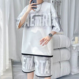 Unisex Japanese Minimalist Two-Piece Outfit, Casual 3/4 Sleeve Tee & Knee Length Shorts, Summer Versatile Matching Set for Youth