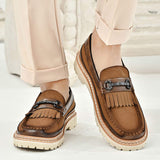 Comfortable Mens Platform Loafers Fashion Slip On Casual Shoes Suede Leather Upper Tassel Buckle Decor Chunky Sole Walking Shoe
