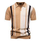 Men Color Block Vertical Stripe Knitted Polo Shirt Short Sleeve Slim Fit Casual Top