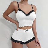 Women's Sexy Spaghetti Strap Pajama Set - Lace Trim & Ruffled Shorts Comfortable Loungewear