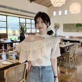 New Arrival Women's Halter Off-Shoulder T-shirt with Polka Dot Ruffle Women's Short Sleeve Top
