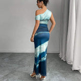 Summer Sleeveless Dress Slant Shoulder Printed Slim-fit One-step Dress Women's Dress